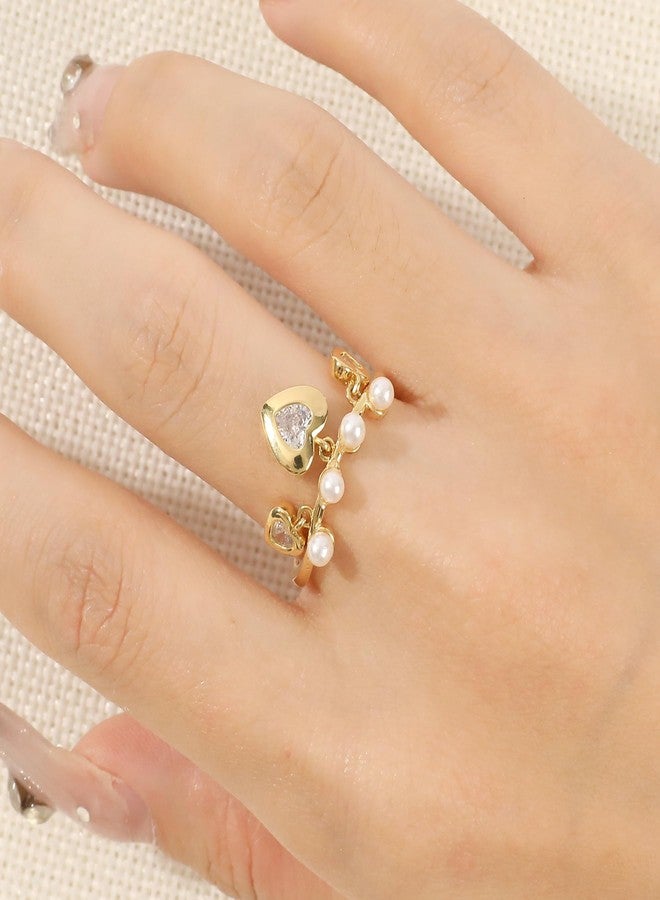 MOONWALTZ Gold Pearl Heart Ring for Women - 14K Gold Plated Dangle Charm, Elegant Open Adjustable Cubic Zirconia Statement Ring With Pearl - Wedding Summer Party Trendy Jewelry Gift - Image 5
